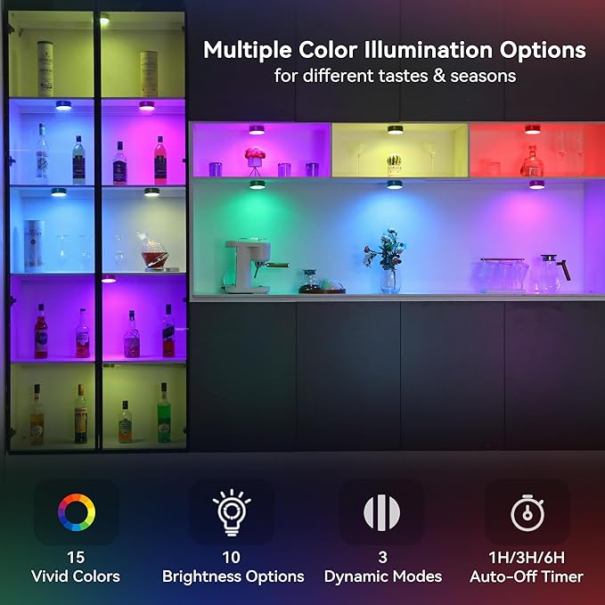 Groupable & Linkable LED Puck Lights Pro, 2.4G Remote Control, Rechargeable Under Cabinet Lighting, Tap & Touch Activated, 3 CCT & RGB Color Changing, Auto-Off Timer, 6 Pack - Black