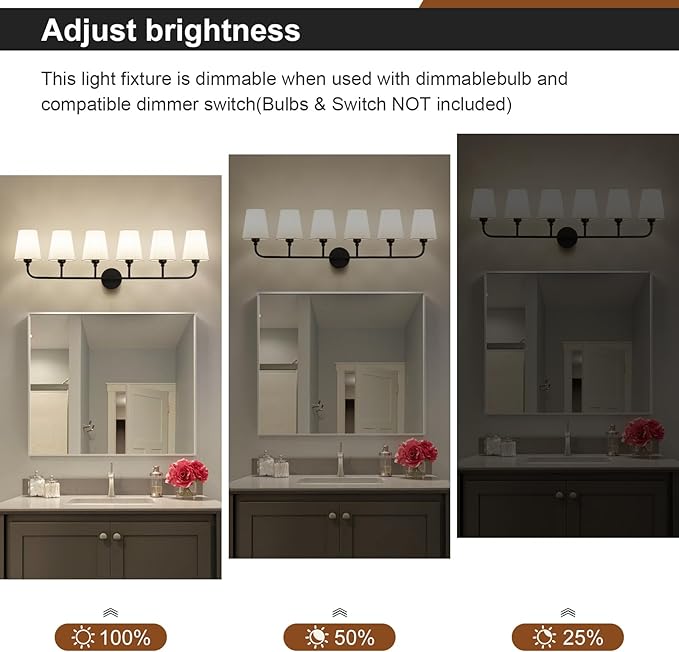 Matte Black Bathroom Light Fixtures, 6-Light Vanity Lights, Bathroom Lighting Fixtures Over Mirror with Flared White Fabric Shade, Modern Wall Sconce for Mirror Hallway Bedroom Living Room(ETL Listed)