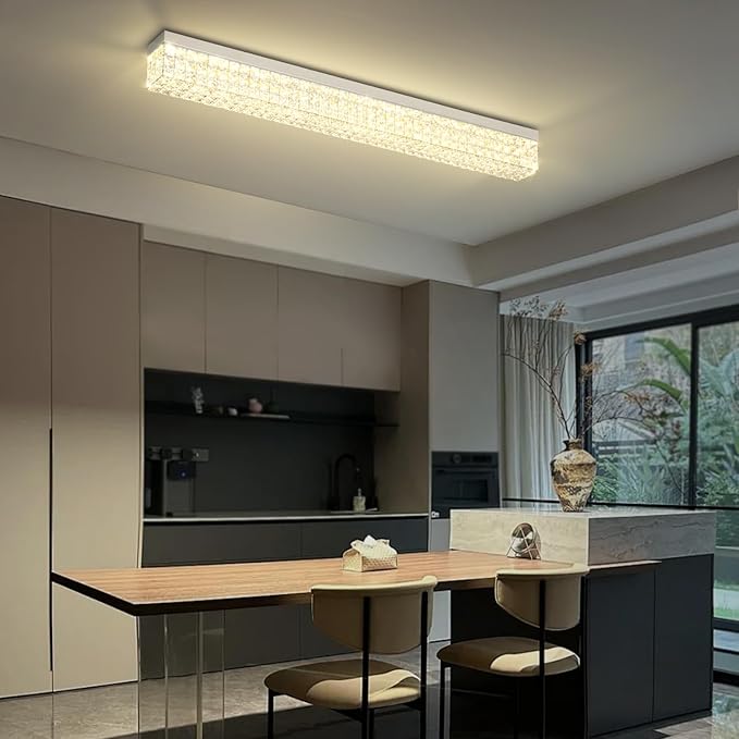 L48 Rectangular Chandelier Flush Mount Rectangle Chandelier Modern K9 Crystal Chandeliers Light Fixture for Dining Room Bedroom Bar Silver Crystal Ceiling Lights