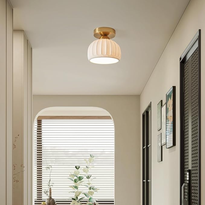 2 Pack White Ceramic Gold Base Semi Flush Mount Ceiling Light Vintage Hallway Light Fixtures, Modern Small Flush Mount Ceiling Light Lamp for Hall Kitchen Entryway Passway Porch Foyer