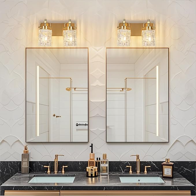 Modern Vanity Light with Crystal Glass Shade - 2-Light Gold Bathroom Light Fixtures Over Mirror