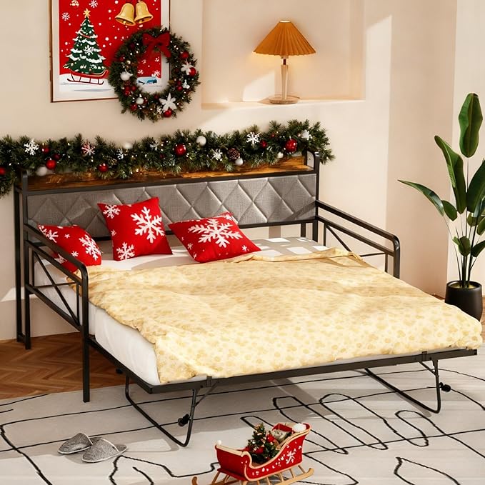 VINGLI Full Daybed with Trundle Bed, Upholstered Day Bed with LED Light & Charing Station, Sofa Bed Frame with Storage Headboard and Heavy Duty Metal Slats, for Living Room, Bedroom, Guest Room, Gray