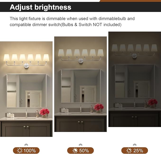 Brushed Nickel Bathroom Light Fixtures,6-Light Vanity Lights,Bathroom Lighting Fixtures Over Mirror with Flared White Fabric Shade,Modern Wall Sconce for Mirror Hallway Bedroom Living Room(ETL Listed)