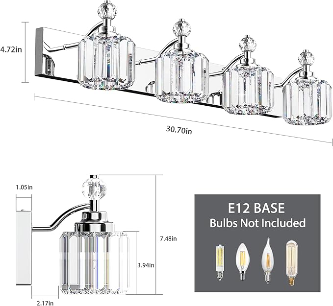 4-Light Bathroom Vanity Light - Crystal Bathroom Lighting Fixtures Over Mirror with 60w(Max) E12 Base, 56pcs Crystal Sheet, Chrome Vanity Lights for Bath Room