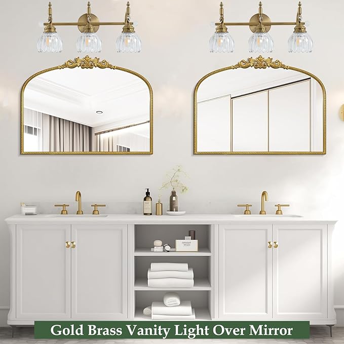 3 Light Vintage Vanity Light,Gold Brass Bathroom Light Fixture with Flower Clear Glass Shades,Bathroom Wall Light Over Mirror,E26 Base,Bulbs NOT Included