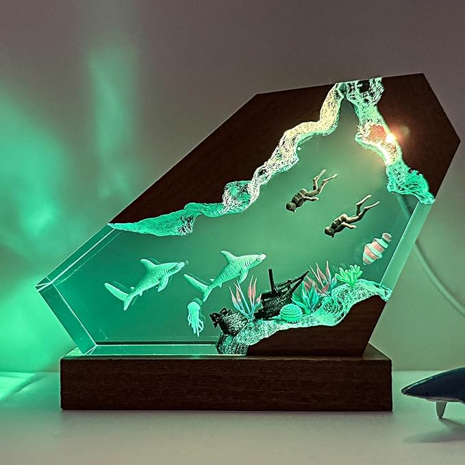 Hammerhead Shark Ocean Resin Lamp, Handmade Resin Night Light for Home Office Decor, Multi-Color LED Light with USB Port, Shark Gifts for Birthday Holiday, Valentine's Day Gifts for Him Kids (8"x5")