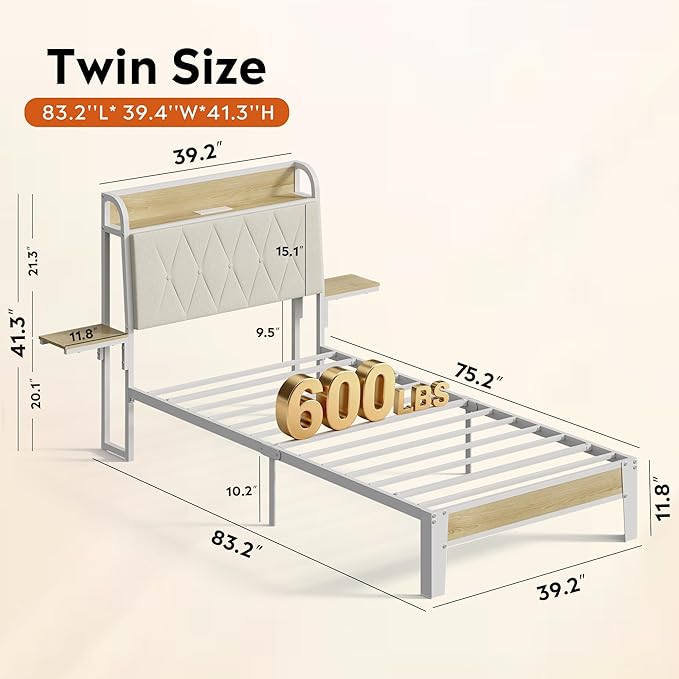 WLIVE Twin Bed Frames with Headboard, Upholstered Bed Frame with 2 Storage Shelves, Platform Bed with LED Lights and Charging Station, 600LBS Mattress Foundation, No Box Spring Needed, Beige