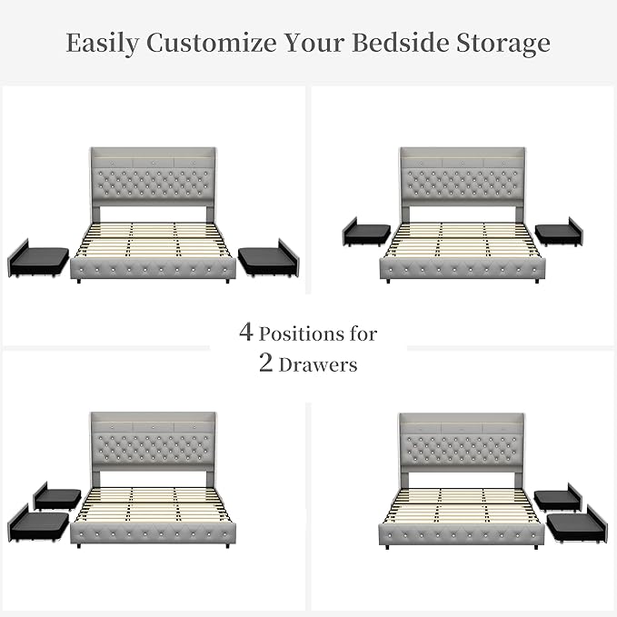 Full Led Bed Frame with Galaxy Aurora Star Projector, 52" Diamond Upholstered Headboard Platform Beds with 2 Storage Drawers, Mattress Foundation with Charging Station, Noise Free, PU Grey