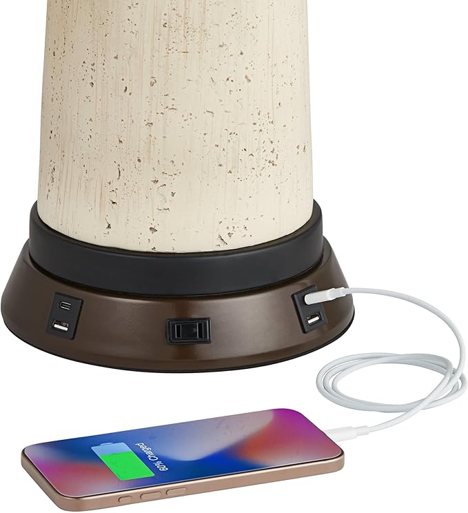 Franklin Iron Works Hunter Rustic Farmhouse Table Lamp with USB and AC Power Outlet Workstation Charging Base 28.75" Tall Bronze Cherry Wood Double Drum Shade for Living Room Bedroom House Bedside