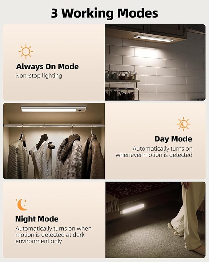 EZVALO Under Cabinet Lights, 2500mAh Rechargeable LED Motion Sensor Lights Indoor, 3 Color Temps & Dimmable Closet Lights with Battery Indicator, Under Counter Lights for Kitchen