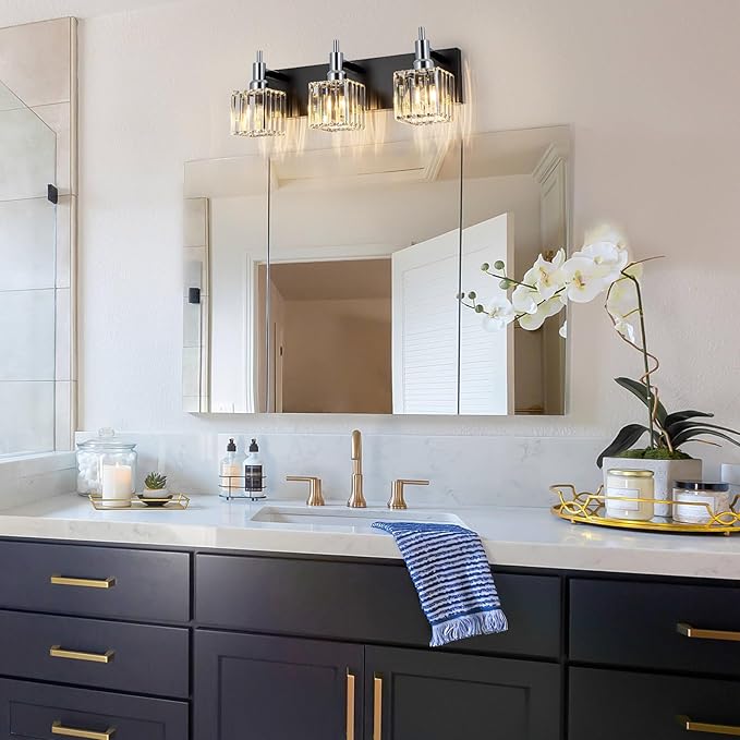 Black Chrome Bathroom Vanity Lights, Modern 3 Lights Crystal Bathroom Lighting Fixtures Over Mirror Wall Light with Square Shade