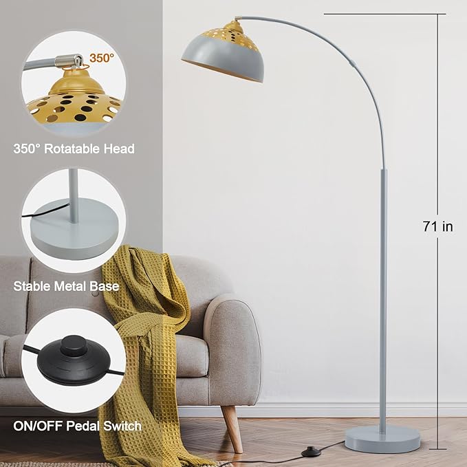 Arc Floor Lamps for Living Room, 71" Standing Lamp with Adjustable Lamp Head, Silver Metal Tall Lamps with Foot Switch, Arched Reading Light for Bedroom, 9W Adjustable Temperatures Bulb Included