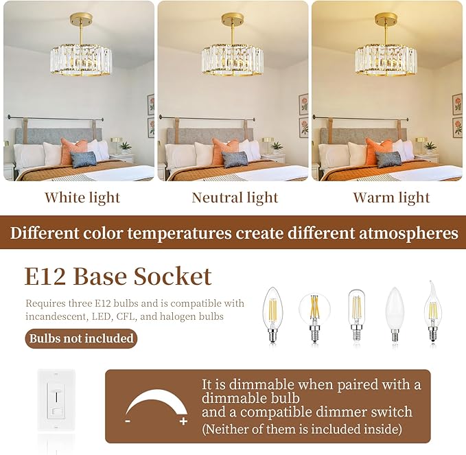 Small Gold Crystal Chandelier,3-Ligh Modern Dining Room Light Fixture Over Table,Round Kitchen Hallway Lighting Fixture, Semi Flush Mount Ceiling Pendant Light for Entryway Foyer， 12''