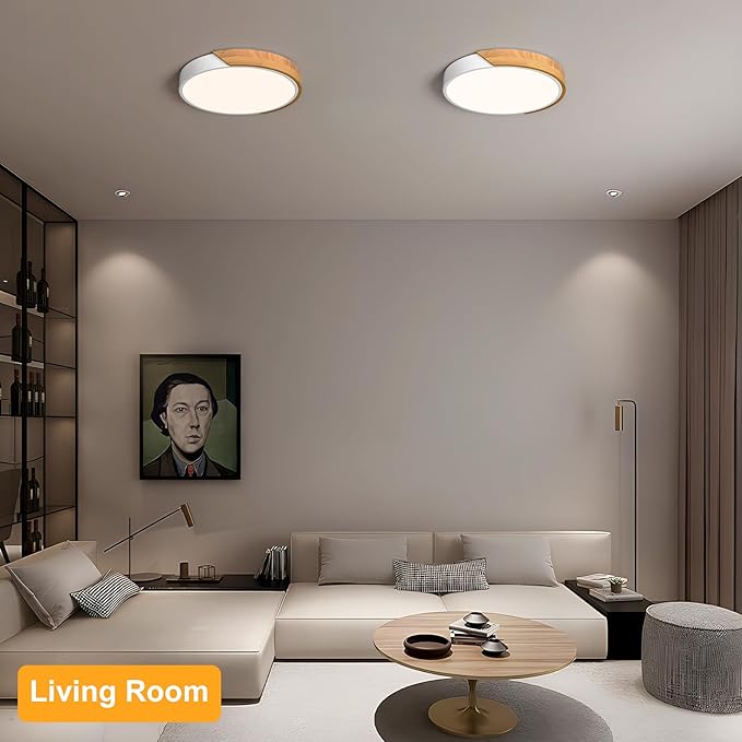 Vikaey Modern LED Ceiling Light, Minimalist Wood Style Flush Mount Ceiling Light Fixture, Circle Lighting Lamp with Acrylic Lampshade for Bedroom Living Room Dining Room Laundry (White, 11.8'')