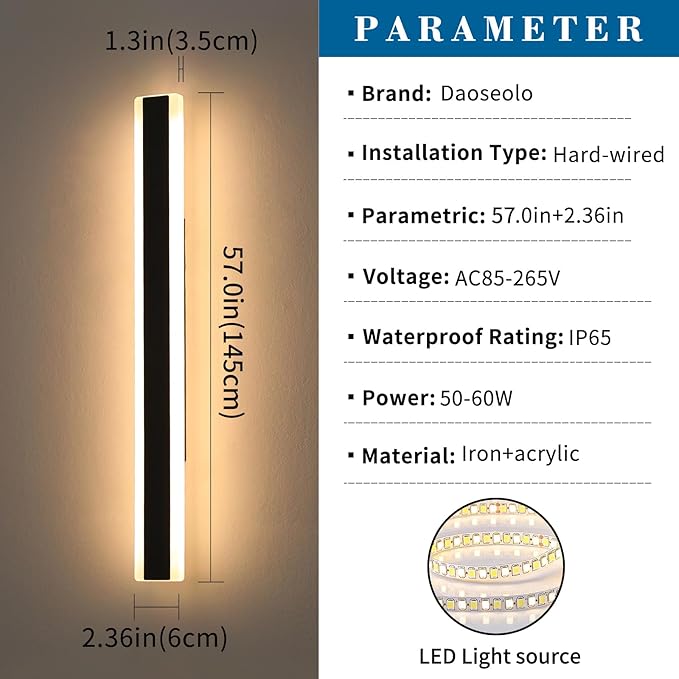 2 Pack Long Outdoor LED Wall Light, 57inch Modern Minimalist Wall Sconce, 3 Color 3000K/4500K/6000K, 50W, IP65 Waterproof, Black Exterior Lighting Fixture for Patio, Garden, Garage
