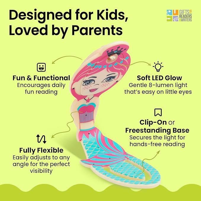 Gifts for Readers & Writers Bookmark Reading Light Mermaid Teal - 2in1 Clip On Bookmark Kids Book Light for Reading Night in Bed, Travel Cute Book Lights, Flexible 8 Lumen LED Lights for Books