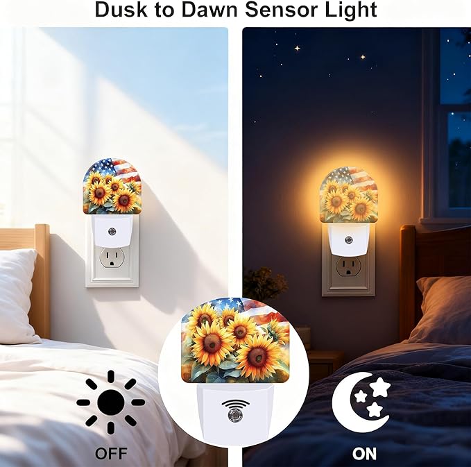 American Flag with Sunflowers Night Light, Dusk-to-Dawn Auto Sensor Plug in Night Light for Kids, 0.5W Energy Saving LED NightLights for Bedroom/Bathroom, Ideal Gifts for Women Men