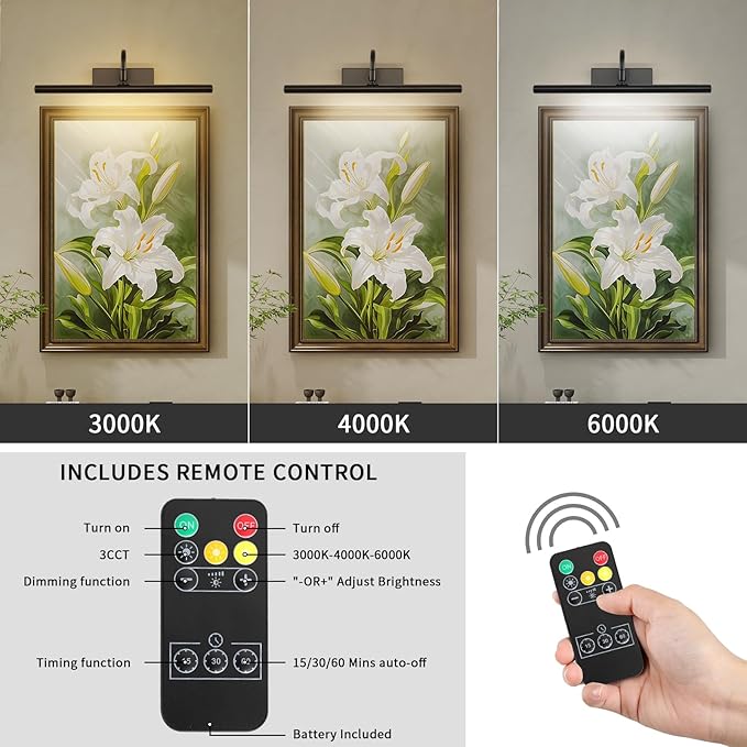 Picture Light,10000mAh Picture Lights for Wall with Remote,15.75 inch Art Light for Paintings, Gallery Lighting for Photo,Mirror,Artwork Frame,Portrait(Black)