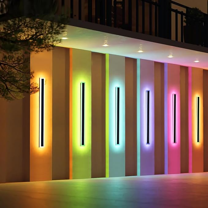 39inch Modern Long Wall lights Outdoor, 10 Colour Variations Dimmable Wall Mount Lights Fixtures, IP65 Waterproof 3000K-6000K Multicolor LED Exterior Wall Sconce for House, Yard, Patio, Porch