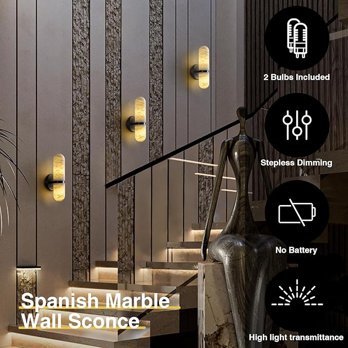 Alabaster Wall Sconces, 13" Black Wall Sconce, Modern Bathroom Sconces Lighting, Black Spanish Natural Marble Sconce for Living Room, Bedroom, Stairs, Hallway