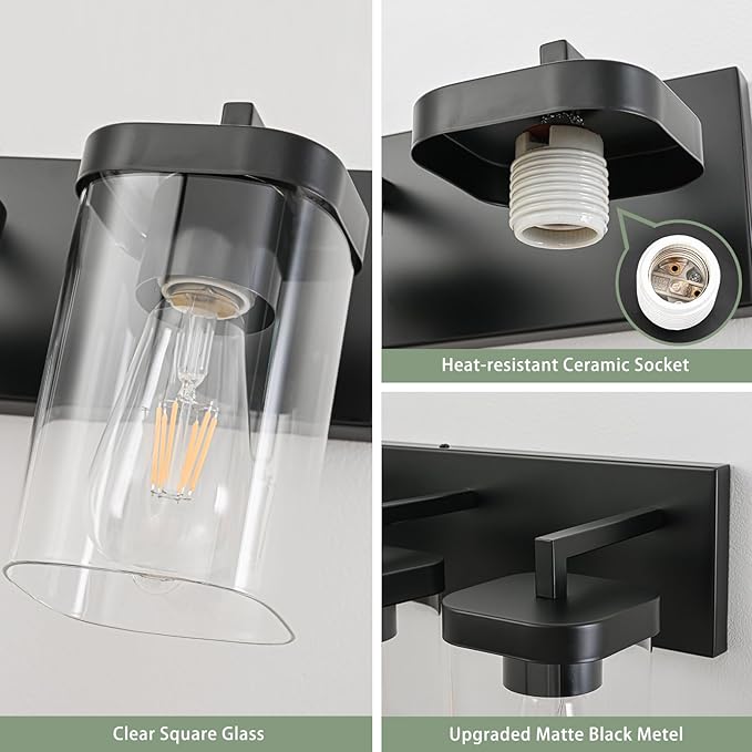 3-Light Bathroom Lighting Fixtures over Mirror, Matte Black Vanity Lights with Square Transparent Glass Shade. Modern Bathroom Vanity Light for Mirror Kitchen, Living Room, Gallery, Hallway