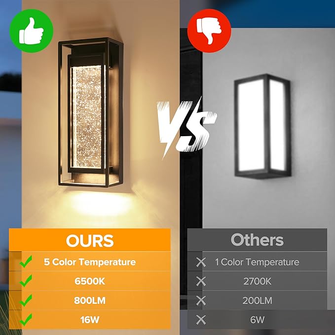 LUTEC 2 Pack Outdoor Wall Light Fixtures, 5 Color Temperature Porch Light Wall Sconce with Crystal Bubble Glass,Waterproof Outdoor Wall Lanterns, Modern Outside Lights for House Front Door Garage
