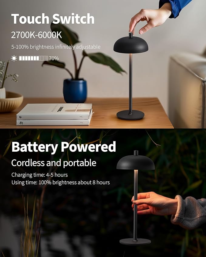 Cordless LED 12" Small Table Lamps Set of 2, Modern Portable Desk Lamp, 3 Color Dimming Rechargeable Battery Lights for Bedroom, Outdoor, Restaurant, Bedside, Baby Night Light, Gifts (Black)