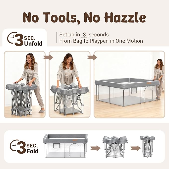 Gelblazee Foldable Baby Playpen 50x50 Inch, Portable Play Yard for Babies & Toddlers, Safety Fence Play Area with Mat, Balls, Pull Rings & Carry Bag, Indoor Outdoor Baby Activity Center, Grey