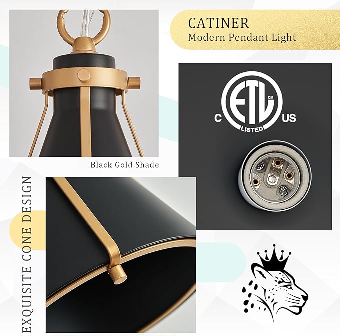Modern Black Gold Pendant Light Small 7.25'' Metal Cone Pendant Light Fixture for Kitchen Island Sink Bar Bedroom Breakfast Nook Dining Room Hallway