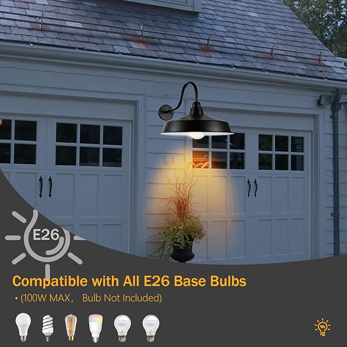 Barn Light Outdoor, 16 Inch Dome Large Farmhouse Exterior Light Fixture Wall Mount, Industrial Outdoor Wall Sconce Outside for House, Shop, Front Porch, Garage, Entryway, Black, 4 Pack