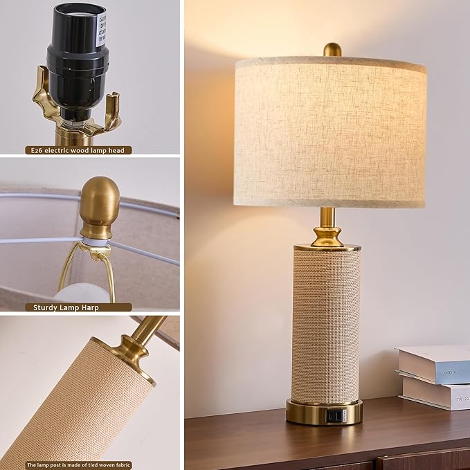 25.5"Boho Weaving Gold Large Table Lamps Set of 2, Touch Control 3-Way Dimmable Farmhouse Bedside Lamps with USB A+C Charging Ports for Living Room/Bedroom/Office-with (2 LED Bulbs Included)