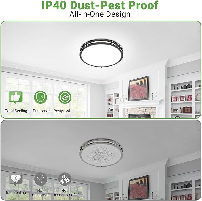 zemty 2Pack 10Inch Black LED Flush Mount Ceiling Lights, Dimmable 3000K-6500K Adjustable, 15W Damp-Rated Light Fixture for Hallway, Kitchen, Bathroom, Closet, Laundry