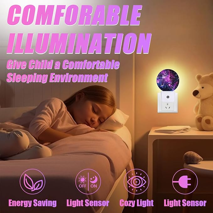 Starry Sky Night Light Purple Galaxy Space Night Lights LED Lamp Round Plug into Wall Nightlight with Dusk to Dawn Sensor Home Hallway Stairway Kitchen Decor