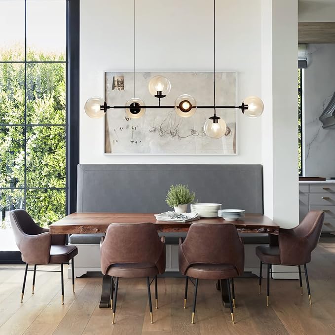 KCO Lighting 6-Light Modern Globe Sputnik Chandelier Mid Century Black Pendant Light Chandelier Dining Room Linear Pendant Lighting Kitchen Island Adjustable Pendant Light Fixtures (Black+Amber)