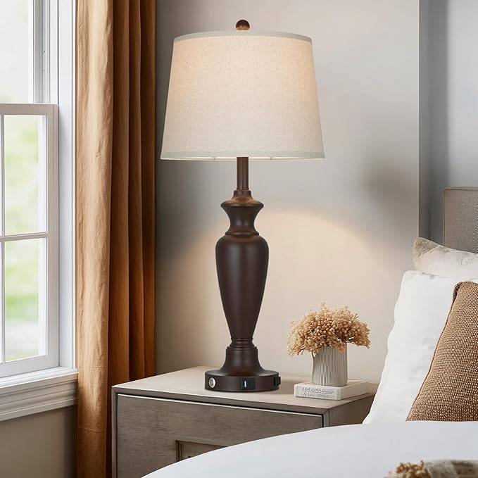 30" Tall Metal Table Lamps Set of 2, Touch Control Bedside Lamps for Bedroom Nightstand, 3-Way Dimmable Farmhouse Lamp for Living Room with Charging Ports, Brown (2 LED Bulbs Included)