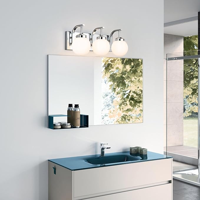 3 Lights Bathroom Vanity Light Fixtures Modern Chrome Vanity Light with Milk White Glass Globe Shade Bathroom Lighting Over Mirror Wall Sconce for Bedroom Living Room Hallway