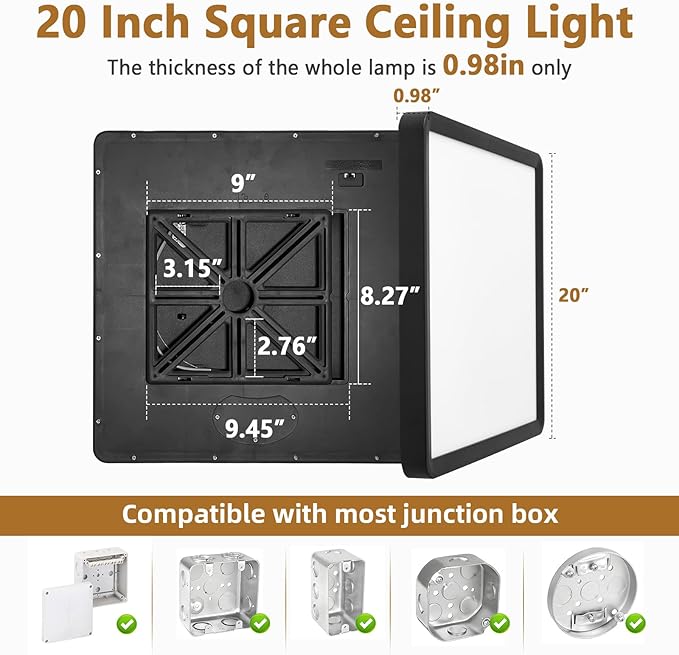 20 Inch Square LED Flush Mount Ceiling Light, 50W, 5000LM 3000K/4000K/6000K CCT Selectable, Large Square LED Flat Panel Ceiling Light Fixture for Bedroom,Kitchen,Living Room (Black 1PK)