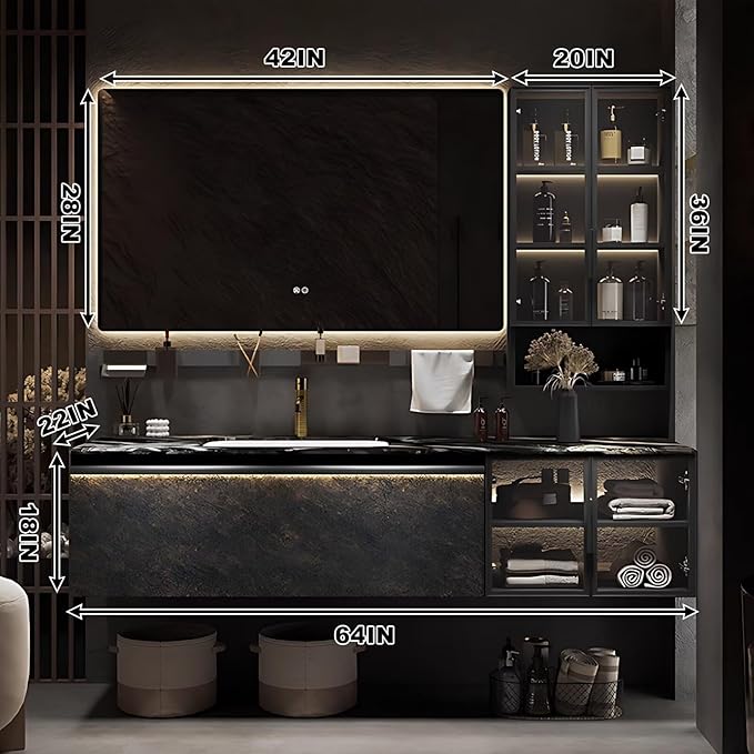 64 Inch Bathroom Vanity - Modern Luxury Bathroom Vanity with Sink Includes Textured Panels,Glass Doors,LED Smart Defog Mirror & Side Glass Cabinet with Ambient Lighting,Multifunctional Shelf