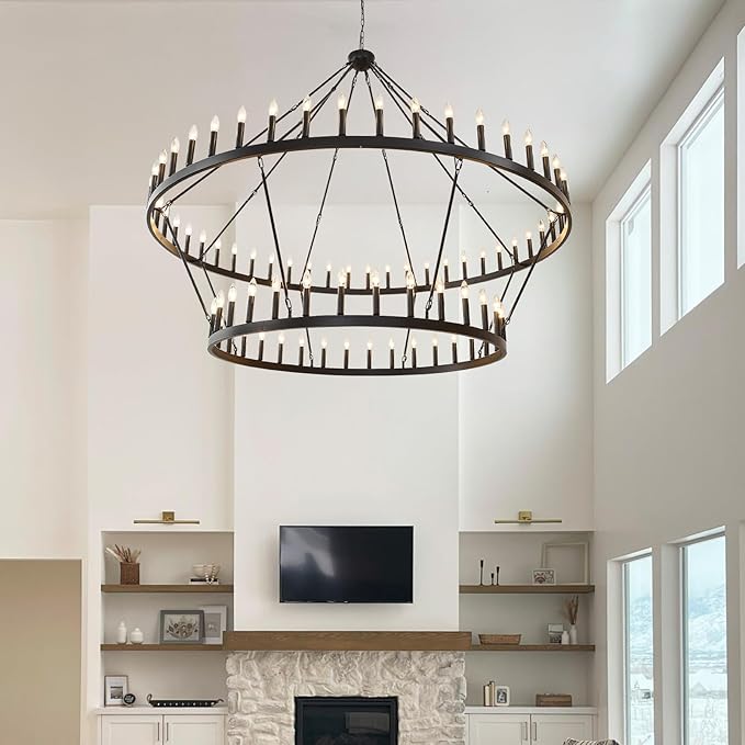 80-Inch Black 2 Tier Wagon Wheel Chandelier, 80-Light Double Tier Extra Large Foyer Lighting, Candle Industrial Round Iron Chandelier for High Ceilings, Dining Room, Entryway, E12
