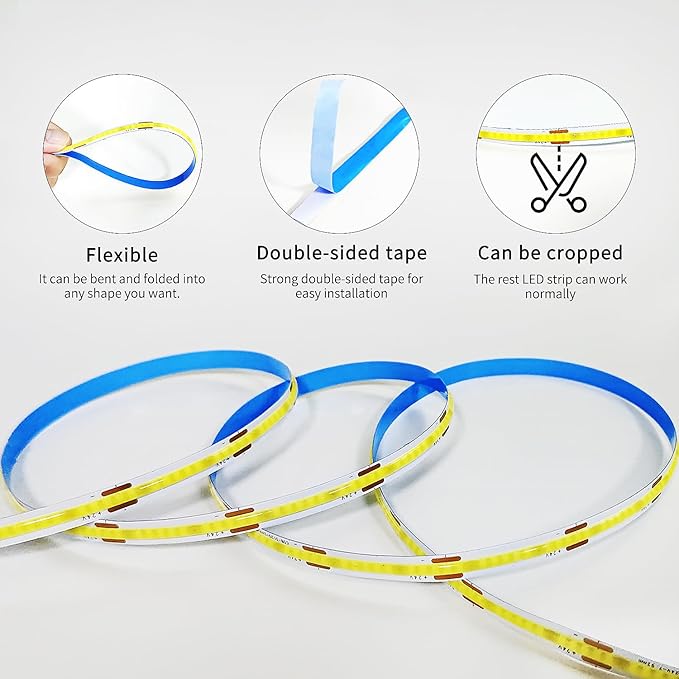 COB LED Strip Lights 6000K 65.6ft DC 24V Dimmable White Flexible LED Tape Light for Bedroom, with Remote and app Control LED Tape Lights CRI90+,forLiving Room, Shelf, Cabinet Home Decoration