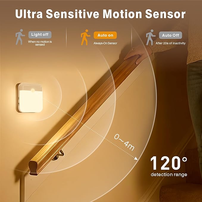 4 Pack Motion Sensor Night Light, Rechargeable Motion Activated Night Light, 60LM, 2-Mode, Stick-on Battery Operated Nightlight for Stairway, Hallway, Kitchen, Closet, Cabinet, Bedroom