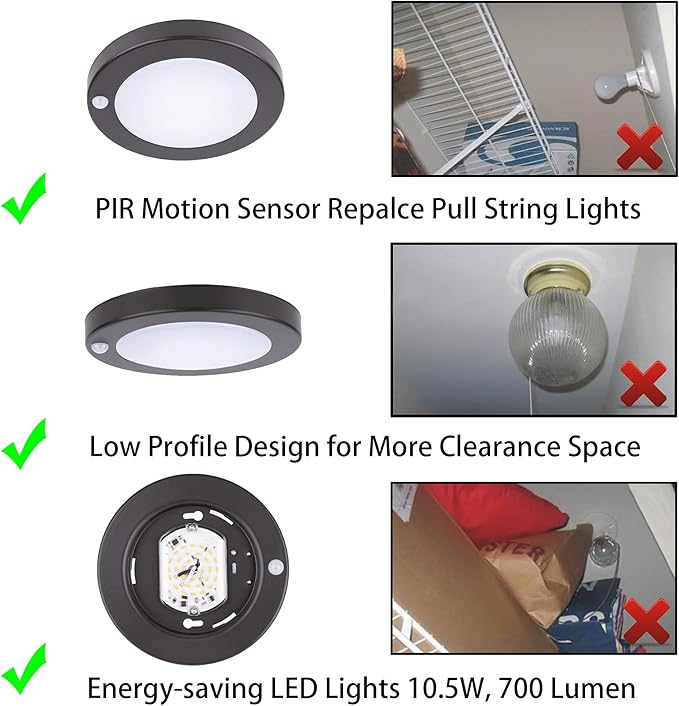 YoonLIT Flush Mount PIR Motion Sensor LED Ceiling Light, 6.2 Inch 10.5W 700 Lumen, Motion Activated Ceiling Fixture for Closet, Garage, Doorway, Stairway, Hallway, Bronze Finish 5000K 1-Pack