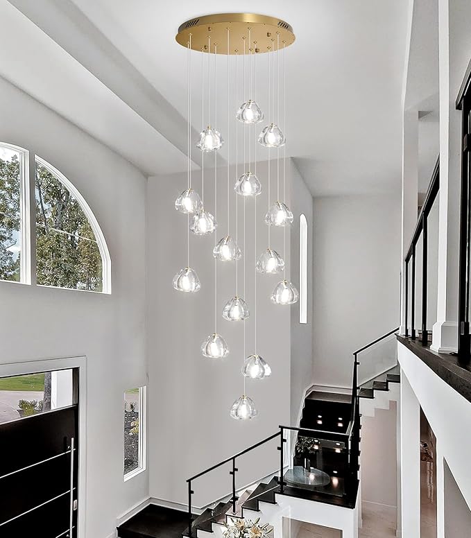 LED Glam Chandelier 118 inches Long Light Luxury Crystal Ceiling Chandeliers Remote Dimmable High Ceiling Pendants Lighting Fixtures Antique Gold 15 Lights