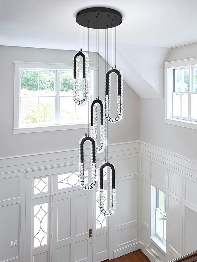 5-Lights Modern Crystal Chandelier for High Ceiling LED Dimmable Ring Pendant Chandeliers Stairwell Chandelier Lighting Black