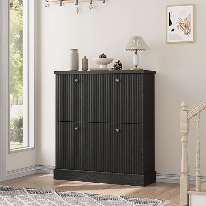 GarveeHome Shoe Cabinet with 2 Flip Drawers, Hidden Wooden Fluted Shoe Cabinet with Adjustable Shelf, Freestanding Shoe Storage Cabinet for Entryway Hallway, Living Room, Black