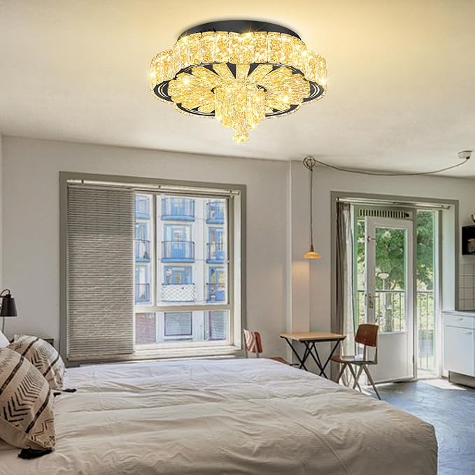 Modern Empire Crystal Chandelier Black 16inches Crystal Raindrop Ceiling Light for Living Room Bedroom LED Infinity Dimmable 3000-6000K