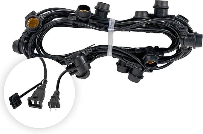 Wintergreen Lighting 30-ft 15 Socket E26 Commercial Patio Light Stringer, Heavy Duty Weatherproof SJTW Black Wire, 24" Spacing, 16 Gauge Wire, Stringer Only