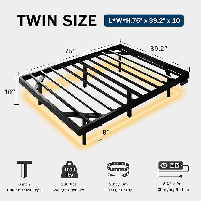Twin Size Floating Bed Frame with LED Lights, Metal Platform Bed with Power Outlet, Heavy Duty Steel Slats Support, Noise Free, No Box Spring Needed, Easy Assembly