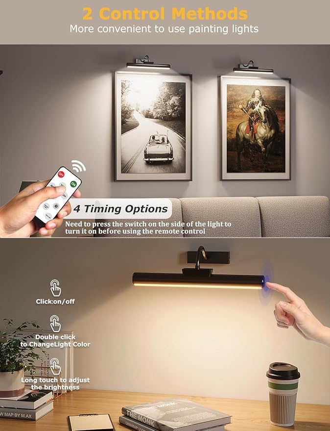16in Wireless Picture Light with Remote, Battery Operated Picture Lights for Wall 5000mAh, 3 Color Modes and Dimmable LED Art Lighting with Timer for Painting, Frame, Gallery, Bedroom (Black-1Pack)