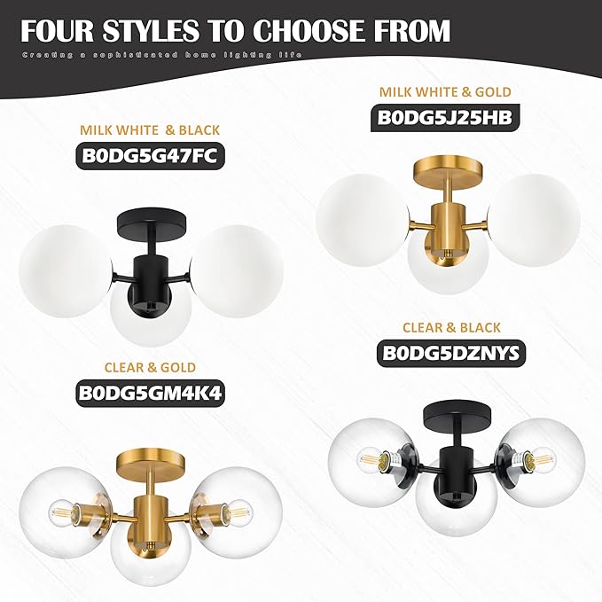 3-Light Modern Gold Semi Flush Mount Ceiling Lights Clear Glass Globe Ceiling Lights Mid Century Brass Chandelier Modern Sputnik Ceilings Light Fixture for Bedroom Hallway Entryway Living Room